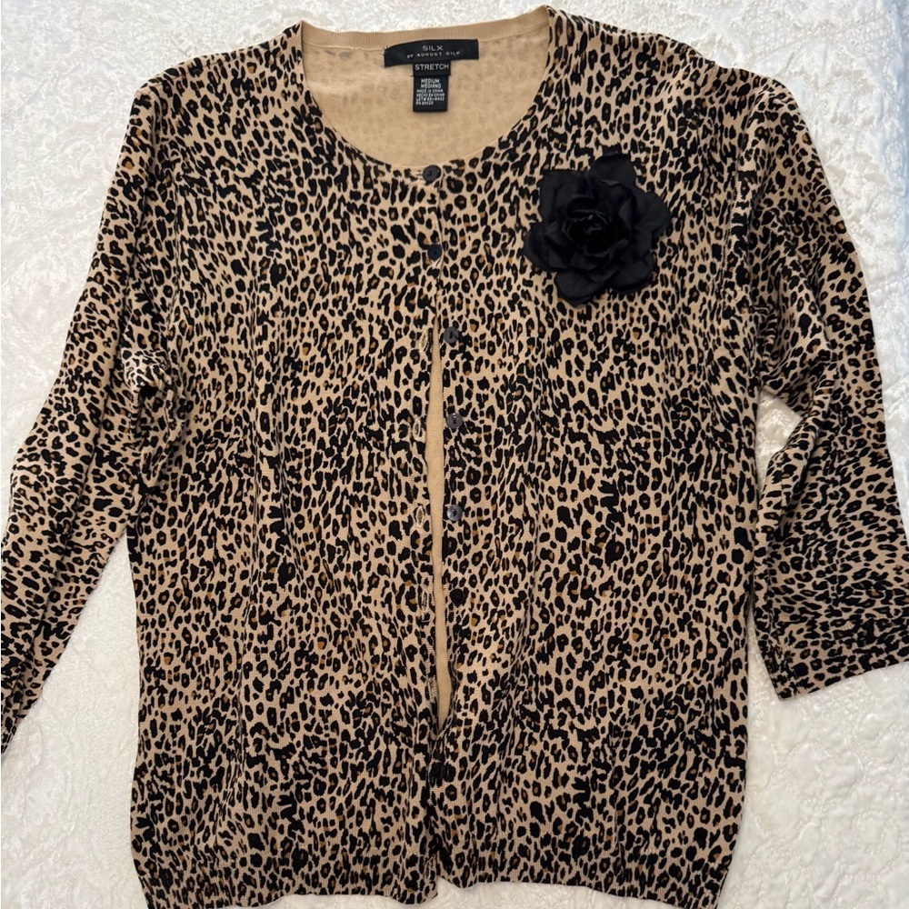 Silx by August Silk Animal Print Cardigan with Black Floral Detail